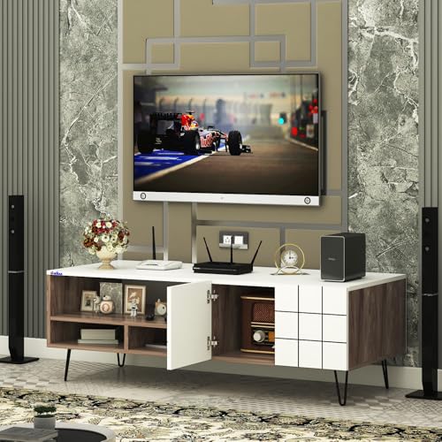 Image of Anikaa Axiora Engineered Wood Floor Standing TV Unit for Living Room | Modern Entertainment Console with 3-Open Boxes & 1-Closed Door Storage | Coachwood & White DIY (Do-it-Yourself) Installation