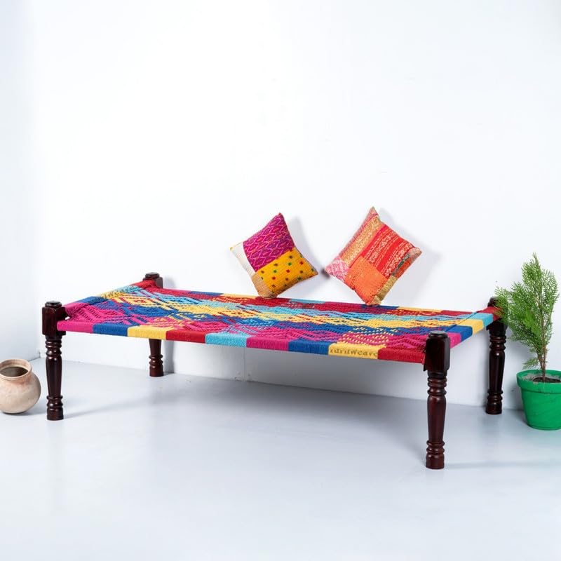 Image of Solid Sheesham Wood Charpai Khat | Handcrafted Daybed Khatiya Charpai with Cotton Rope | Traditional Khat Bed Wooden Diwan Cot for Living Room | 6X3 Feet | Colorful 001, Multicolour