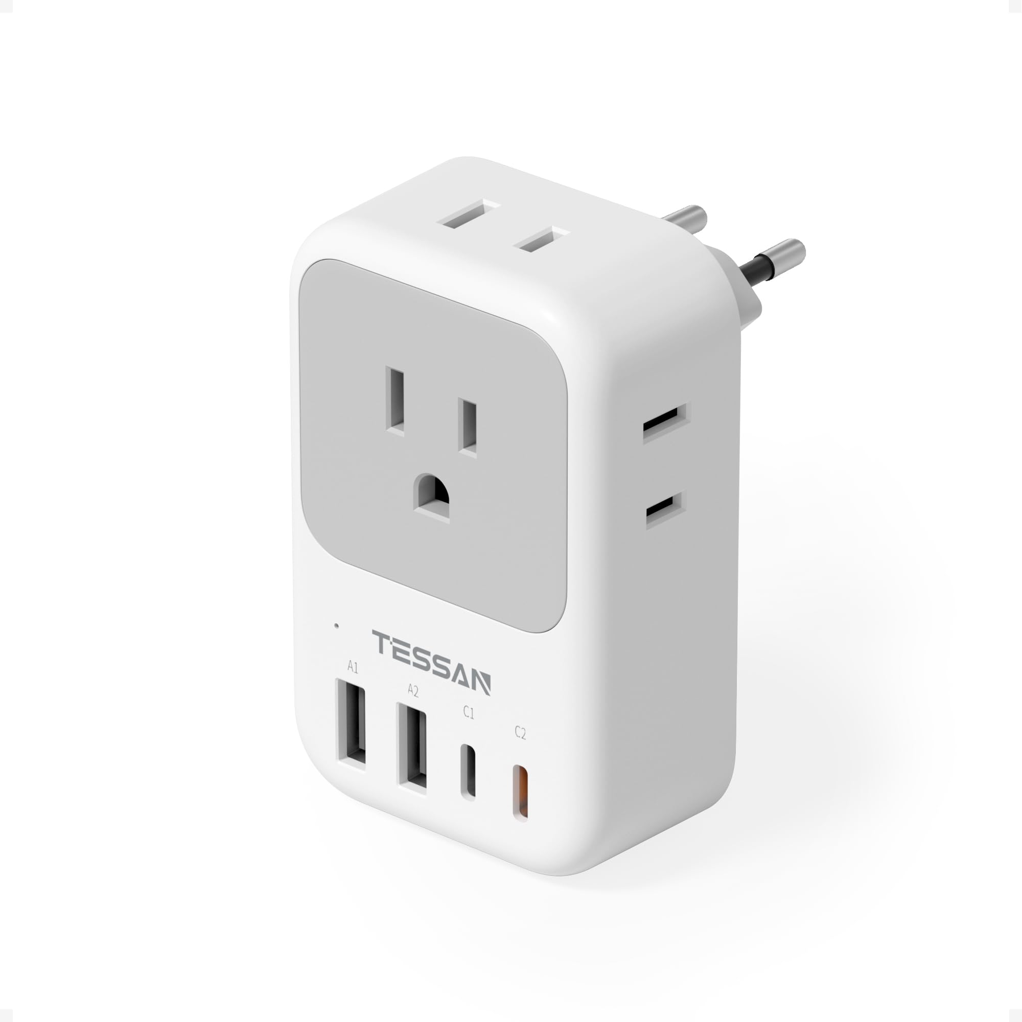 european travel plug adapter, tessan type c power adaptor with 4 ac outlets 3 usb ports (2 usb c), europe outlet adapter for usa to eu euro international italy iceland spain france greece germany