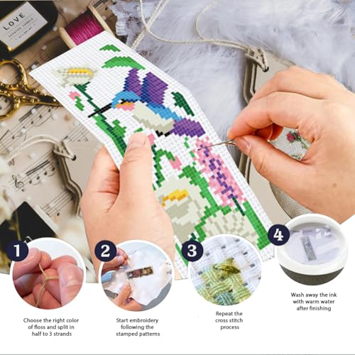 Image of INFUNLY 6pcs Hummingbirds Cross Stitch Bookmark Kit for Adults Beginners Flowers DIY Cross Stitch Kits Pre-Printed Plants Stamped Embroidery Bookmark Kit with Instruction for Book Lovers Readers