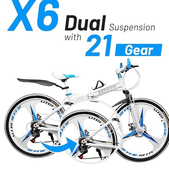 Image of Amaze Kai Dual Suspension Bikes Bmv Foldable Gear Cycle for Men with 21 Speed Gear 3 Spoke | Folding Mountain Bike with Double Disc Break & Mac Wheel, 26 Inch (White)