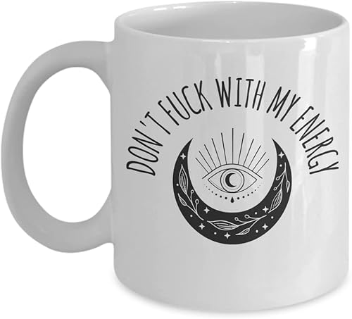 Taza de café con texto en inglés "Don't Fuck with My Energy", con cristales de luna celestial, gótica, bruja, regalo espiritual