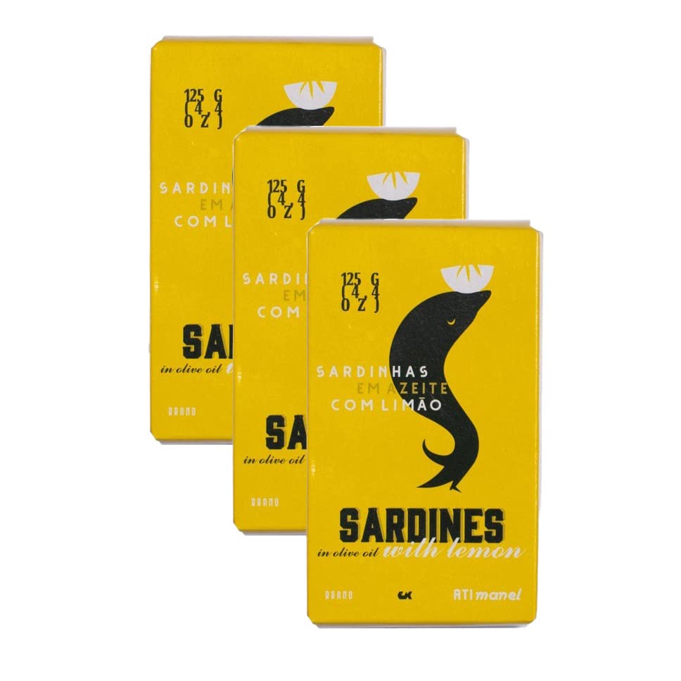 Ati Manel Sardinas enlatadas en aceite de oliva y limón  4.41 oz de pescado enlatado  Paquete de 3 latas de 4.41 oz