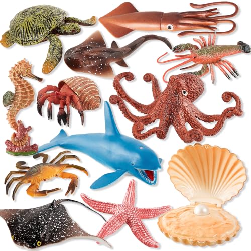 HYAKIDS 12 Figuras de Animales Marinos Juguetes Niños 3 Años, Grandes Animales del Mar - Pulpo, Tortuga, Cangrejos, Langosta, Juguetes Educativos, Cake Topper