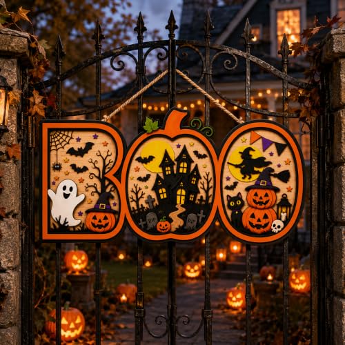 Image of Halloween Decorations - Halloween Wooden Boo Sign for Front Door