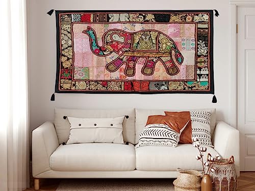 Image of Ekam Art Rajasthani Handmade Heavy Elephant Embroidery Cotton Patchwork Tapestry Cotton Wall Decor Hanging Beaded Tapestries Home Living Room Decor 40 x 60 Inch (Black)