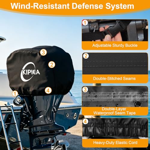 Image of Kipiea Outboard Motor Cover 1300D Heavy Duty Waterproof, Anti UV, No Tears & No Fading, Boat Motor Cover Fit for Motor 150-200 Hp (104 inch Circumference x 28 inch Height) Black