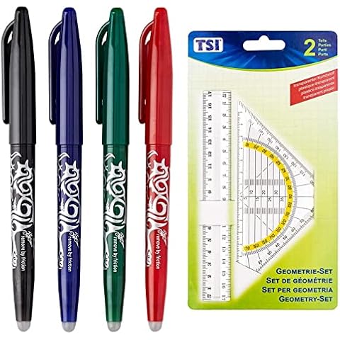 Pilot Pen Frixion Tintenroller (radierbar) 4 Stück farbig sortiert & TSI 46303 Geometrie-Set (Lineal 17 cm und Geo-Dreieck 16 cm) Cover