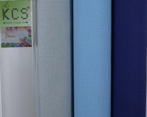 Image of KCS 3 pc of 15 inch x 18 inch(38cmx45cm) Counted Cross Stitch Cotton Aida Cloth Needlework Rolled Fabric Box,16CT,Sea Foam+Light Blue+Royal Blue