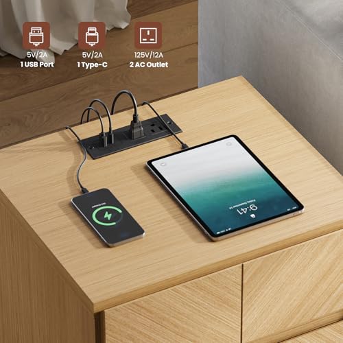 Image of ModernMate 23.5 inch Tall Modern Nightstand, Wood Bedside Table with Drawer, USB-C Port, Wooden Night Stand End Table for Bedroom, Sofa, Chevron Pattern Design, Stable Legs, Natural Oak