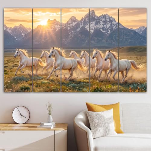 Image of Spacter White 7 Horses Wall Painting for Living Room Big Size - 7 Running Horses Painting Vastu for Bedroom, Office, Hotel - Wall Decor Digital Painting Wooden Framed for Gifting (30x60 Inch)