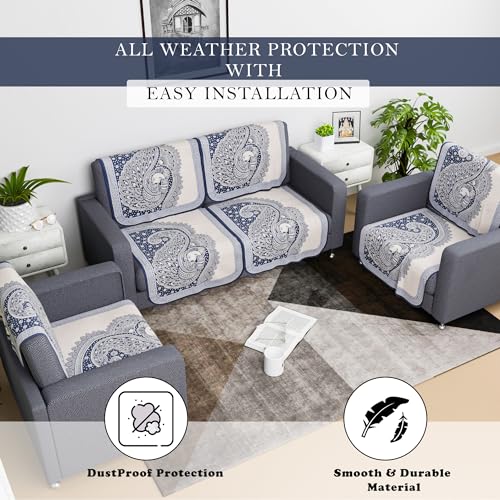 Image of Kuber Industries Sofa Cover | Net 2+1+1 Seater Sofa Slip Cover Set | Couch Sofa Cover Set | Sofa Cover for Home | Sofa Slipcover Set | Sofa Cover for Living Room | Mor Digital-837 | Blue