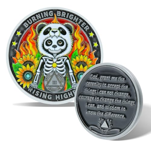 Burning Panda Skeleton Sunflower Sobriety Coin - 3 Year Sobriety Coin, Burning Brighter & Rising Higher AA Chip Medallion & NA Recovery Medallion, Milestone Token for Men & Women in Recovery