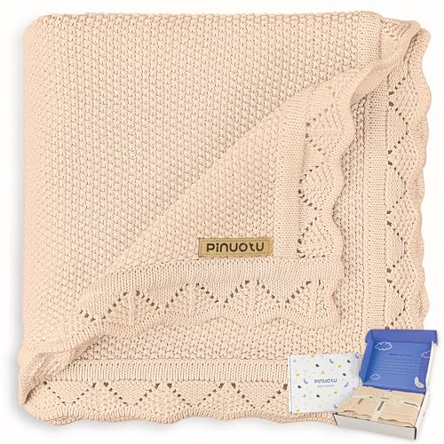 Image of Pinuotu Knitted Baby Blanket for Boys & Girls, 100% Cotton Receiving Swaddle Crib & Stroller Blanket for Newborns, Infants, Toddlers, Cream, 40 x 31 Inches