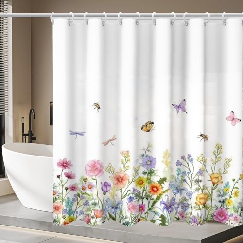 ohMobi Floral Shower Curtain,Flower Shower Curtain,Waterproof Curtain with 12 Hooks - Modern Watercolor Bathroom Decor, Butterfly Shower Curtains,72x72 Inches,Rustproof Hooks & Anti-Cling Design
