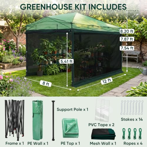 Image of EAGLE PEAK Instant Pop up Greenhouse, Indoor Outdoor Plant Gardening Green House with Interchangeable PE & Mesh Wall Panels - Winter Support Pole, Walk in 12x8 ft, Green /Clear