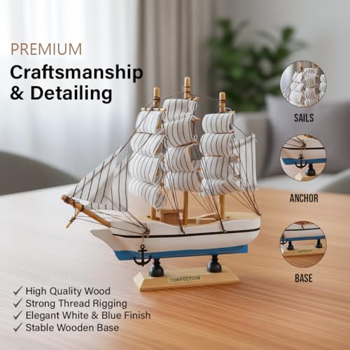 Image of HindCraft Wooden Sailing Ship Showpiece for Home Decor | Vintage Boat Model Decorative Tabletop for Living Room, Office & Gift