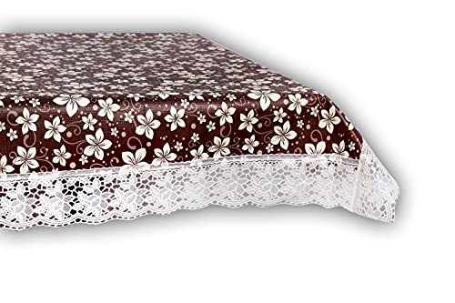 Image of The Furnishing Tree Waterproof PVC Rectangle Shaped Center Table Cover WxL 40x60 inches Floral Pattern Brown White with White Border lace