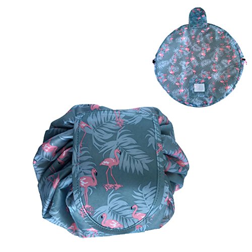 Sac cosmétique paresseux, CONMING imperméable et grande capacité Lazy Makeup Trousse de toilette Maquillage Trousse de toilette multifonctionnel Organisateur de bijoux avec fermeture à glissière et cordons Sac cosmétique de voyage de mode (Flamingos)