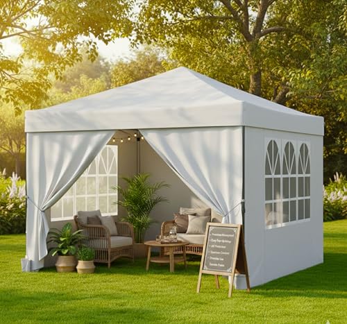Image of PERGOLA Design 10x10 Heavy Duty 30KG Canopy Tent with Window Side Walls & Curtains | Premium Waterproof Pop Up Gazebo Outdoor Portable Event Shelter for Garden, Terrace & Parties (White)