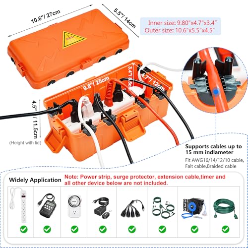 Image of Hrensaw Medium Outdoor Electrical Box(10.6x5.5x4.5inch),Weatherproof Connection Box w /6 Cable Entry,IP54 Waterproof Extension Cord Cover Protect Power Strip,Timer,Plug,Holiday Lights,Orange