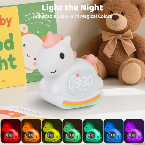 Image of Alarm Clock with Night Light for Kids with Sleep Training and Sound Machine, Rechargeable Silicone Lamp OK to Wake Clock,Cute Animal Tabletop Lamp, Perfect Sleep Companion for Boys Girls,Pink Pony