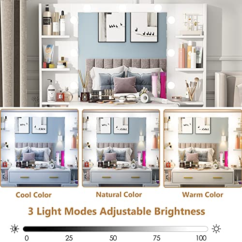 Pakalife Makeup Vanity With Lights, 43.3'' L Vanity Desk With 3 Lighting Colors & Power Outlet, 7 Drawers & Storage Shelves, White Vanity For Women Girls #TOP2