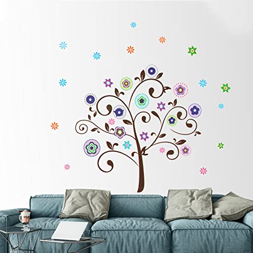 Image of Art Street Wall Stickers for Home Decor Modern Tree with Multi Color Flowers Wall Decal Vinyl Stickers for Living Room and Wall Decoration (48 x 61 Inchs, Multi)