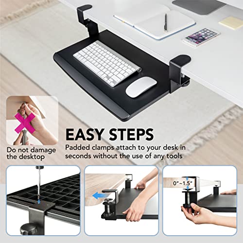 Eho Clamp-On Retractable Adjustable Keyboard Tray, Under Desk Ergonomic Keyboard Tray - Easy Tool-Free Install - Small Surface 20" X 11.5" #TOP2