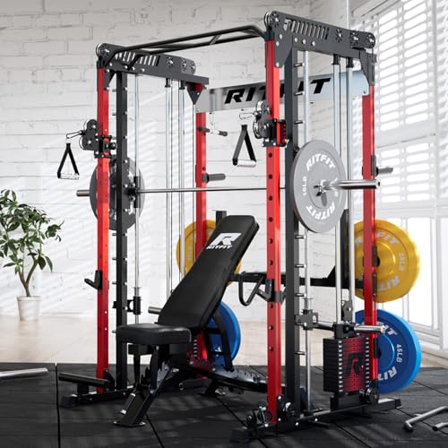 Image of RitFit M1 Pro Smith Machine Package, All-in-One Power Cage with Weight Stack Set, Includes LAT Pulldown & Cable Crossover System for Home Gym