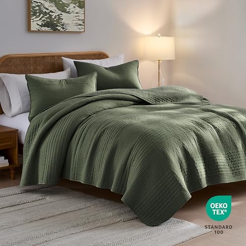 palassio Striped Olive Green 100% Cotton Quilt California Cal King Size Bedding Sets, Oversized Lightweight Channel Pick Stitch Textured Bedspread Soft Farmhouse Coverlet for All Season, 2 Shams - Image 3