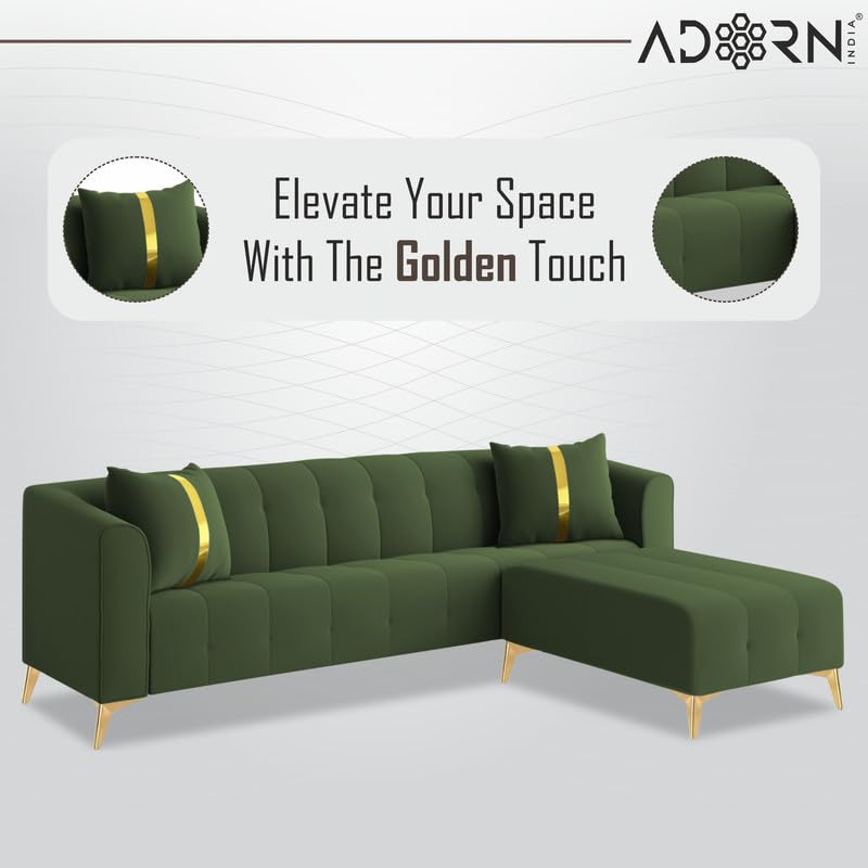 Image of Adorn India Premium Mystic - 3 Years Warranty - L Shape 5 Seater Sofa Set Velvet Suede Fabric - Green