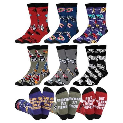 Velmitten 6 Pairs Funny Motorcycle Socks for Men Novelty Cotton Crew Dress Socks Birthday Gift for Dirt Bike Rider Motorcycle Lovers