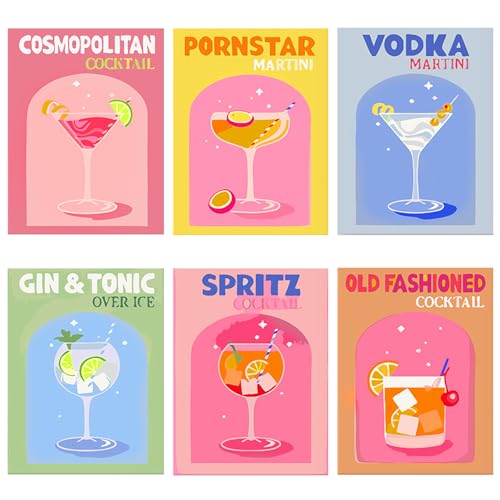 Dipingere con i Numeri Adulti, 6 Pezzi Dipingere Con I Numeri Cocktail Retrò, Paint by Numer Kit per Cocktail, Kit Pittura Adulti pour Décoration Murale de Bar, de Fête (A)