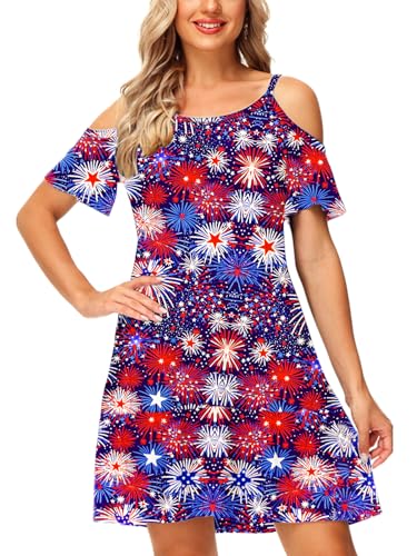 Image of Deerose Womens 4th of July Dresses Cold Shoulder American Flag Tie Dye A-Line Dress with Pockets
