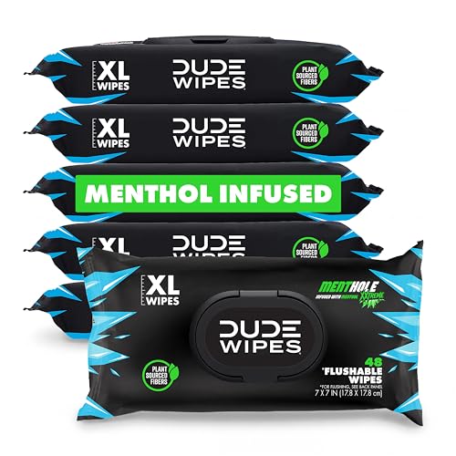 Image of DUDE Wipes MentHOLE XXtreme Flushable Wipes - Menthol Infused Extra-Large Adult Wet Wipes - 6 Pack (288 Count) - Infused with Menthol for a Cooling Sensation - Septic and Sewer Safe