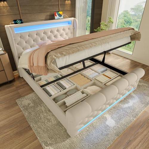 TOBIDOEN Moderna cama tapizada de terciopelo de 140 x 190 cm, cama doble US/B funcional con sistema LE/D Ambiente, amplio espacio de almacenamiento debajo de la cama, marco de cama con somier (beis
