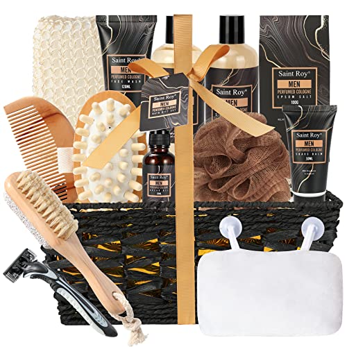 Bath Perfume Gift Set for Men, 14 Pcs Spa Basket with Classic Perfume kit, Personal Self Care Shaving Kit Relax Included Scubber Sisal, Epsom Salt, Beard Oil, Comb, Razor, Bath Pillow and More