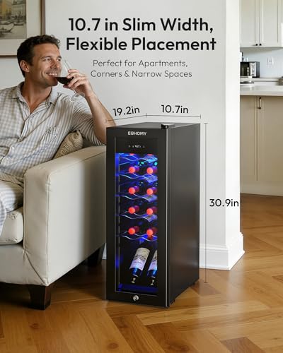 Image of EUHOMY 12 bottle Wine Cooler Refrigerator, Wine Fridge with Lock, Black