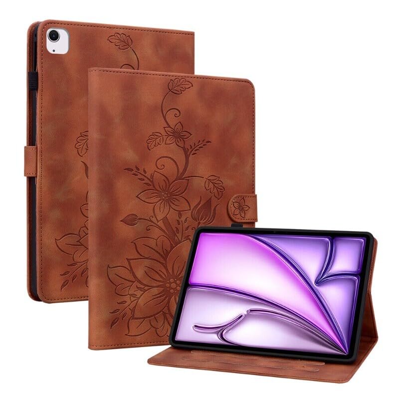Étui iPad Pro 12.9 2020 marron avec fentes cartes en cuir à motif floral