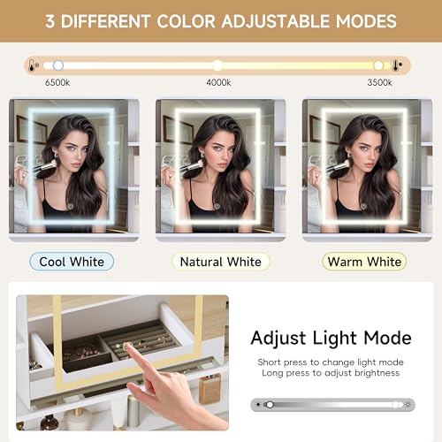 Image of HUANLEGO Vanity Desk with Mirror and Lights, White Vanity with Lighted Mirror and RGB Cabinet & Jewelry Organizers, Makeup Vanity Desk with Lights, Glass Top Dressing Table for Girls Bedroom