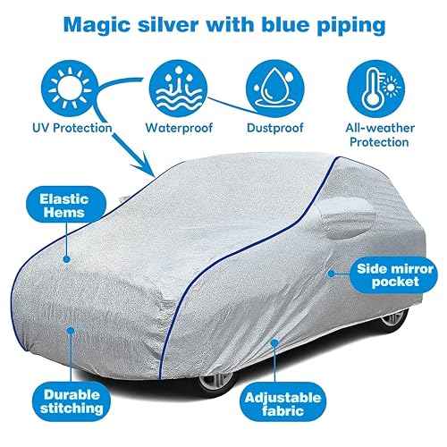 Image of Sulfar 100% Waterproof Car Body Cover Compatible with Mirror for Fiat Uno (Triple Stitched, Full Bottom Elastic, Magic Silver with Black Piping)