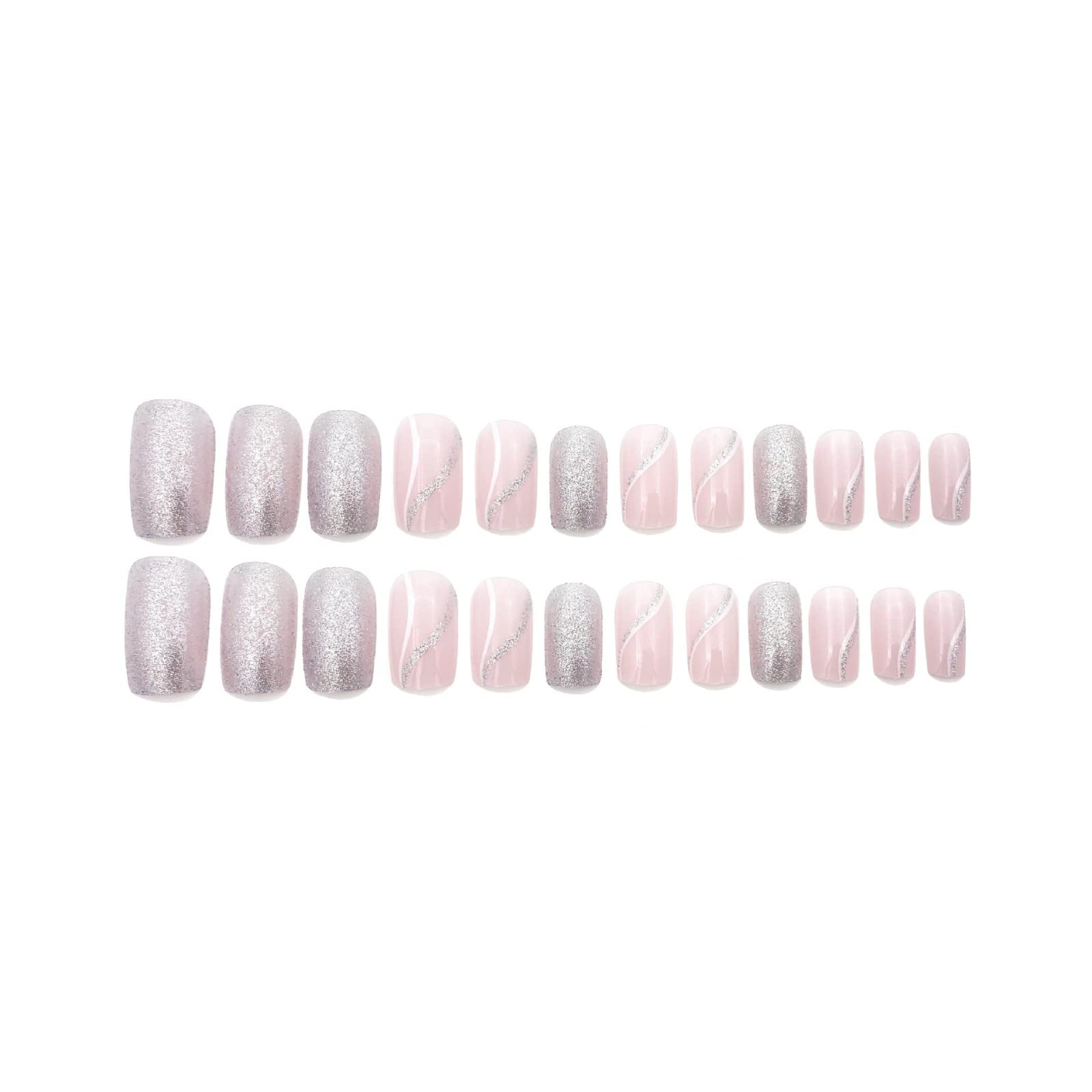 JUSTOTRY 24 Pcs Rose Swirl False Nails Short Pattern,Pink Square Press on Nails,Glossy Fake Nails Medium for Nail Art,Glitter Squoval French Stick on Nail for Women and Teens Gifts - Image 2