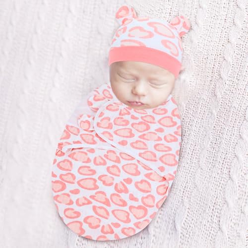 Image of Cinaci 2 Pack Adjustable Soft Cotton Blend Newborn Baby Receiving Swaddle Blankets Sleep Sacks with Nursery Hats Caps Beanies Bonnets for Baby Girls Boys Newborns Infants