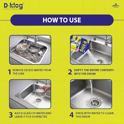 Image of D-Klog Drain Cleaner Powder (45g x 6 Units), Removes Clogs, Blockages in Washbasin, Septic Tank, Sinks, Pipes within 30 mins | Drain expert | Sink cleaner| Toilet Cleaner