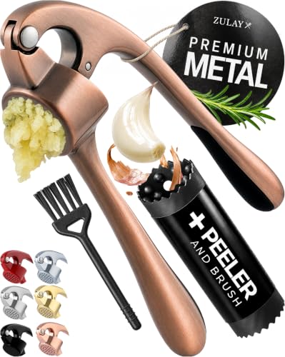 Image of Zulay Kitchen Premium Garlic Press Set - Rust Proof Professional Garlic Mincer Tool - Easy-Squeeze, Easy-Clean with Soft, Ergonomic Handle - Silicone Garlic Peeler & Brush (Copper)