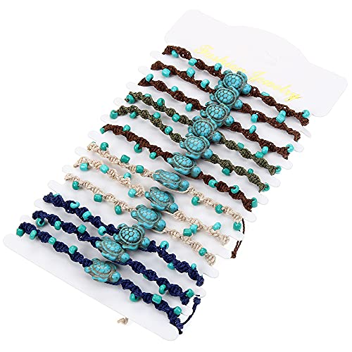 COLORFUL BLING 12Pc Adjustable Natural Sea Shell Starfish Cowries Strand Bracelets Handmade Braided Turtle Tortoise Beads Bracelet for Women Surfer Beach Friendship Jewelry3