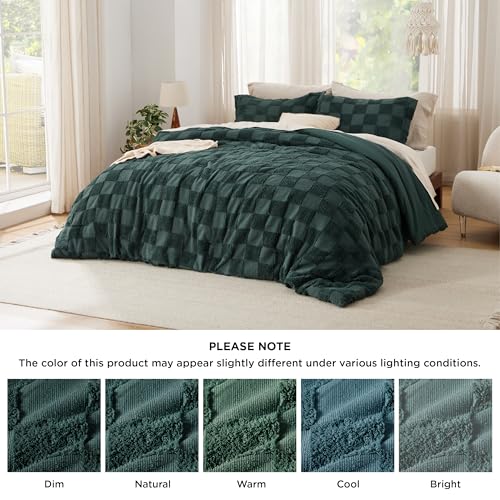 Image of Bedsure Queen Size Comforter Set Emerald, Boho Tufted Bed Set, Checkered Farmhouse-Style Distressed Vintage Bedding, 3 Pieces, 1 Plaid Geometric Comforter and 2 Pillow Shams