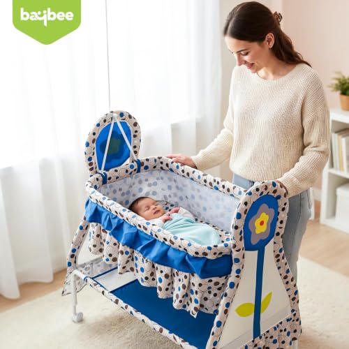 Image of BAYBEE Cradle for New Born Baby with Mosquito Net, Portable Baby Jhula Palna, Foldable Baby Crib, Infant Uyyala with Storage Basket, 360 Locking Wheels (Blue)
