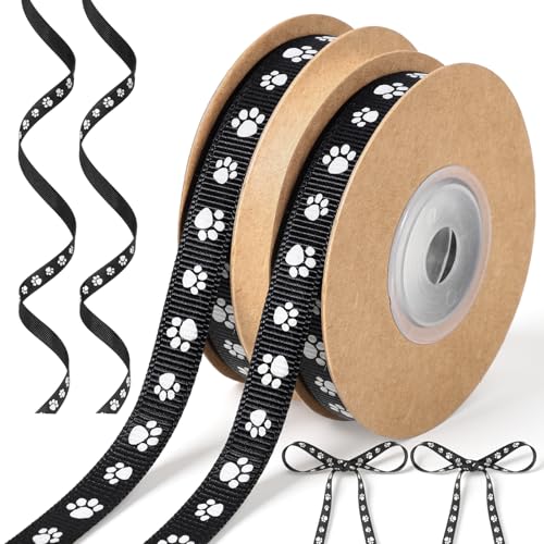 2 Rolls Paw Print Ribbon 20 Yards Dog Paw Satin Ribbon Dog-Paw Holiday Party Satin Ribbons for Christmas Party Gift Vet Tech Baby Shower Birthday Ornament Wrap (Black Background + White Claw)